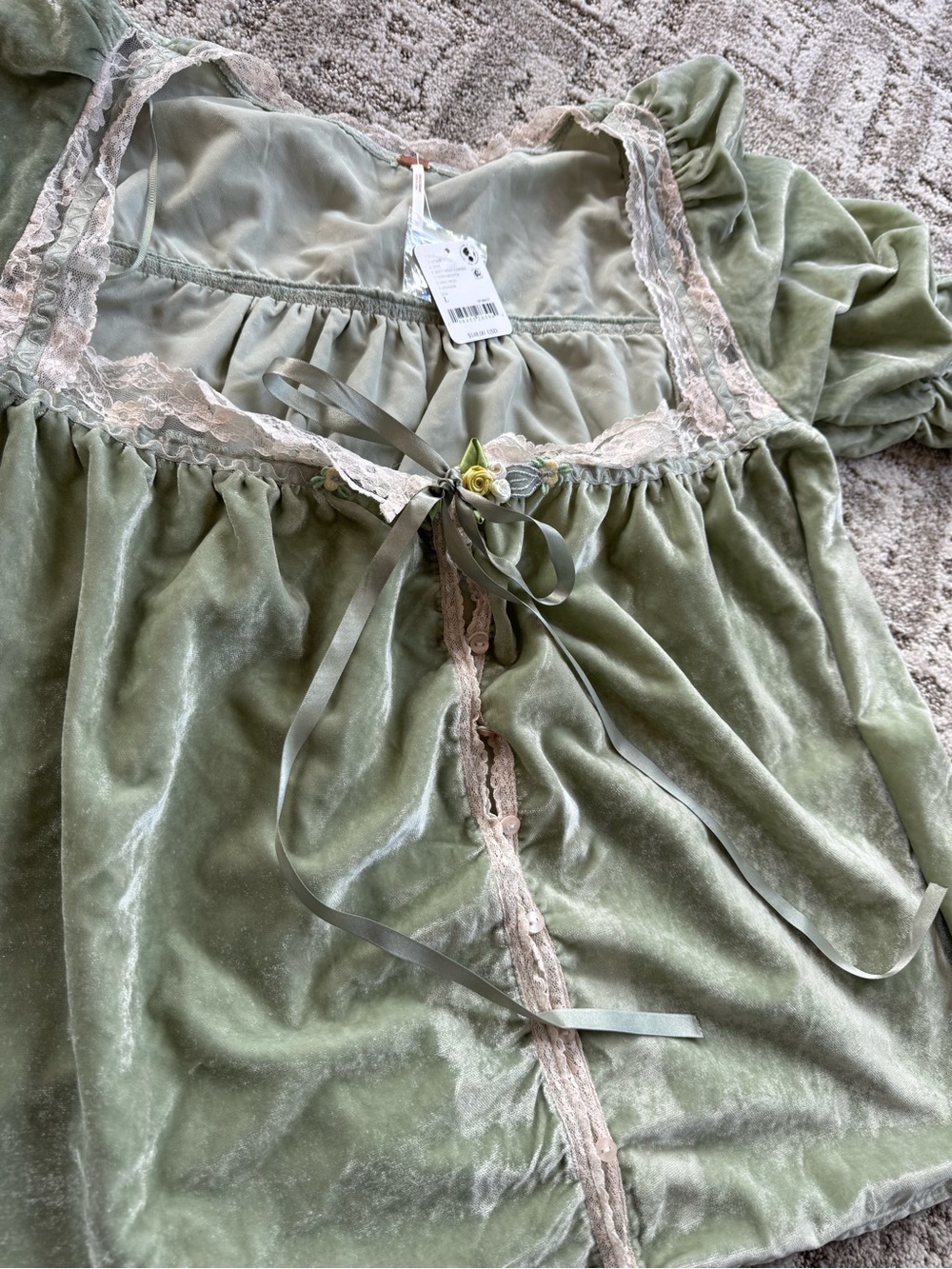 Free People Velvet Lace-Trim Soft Mint Top